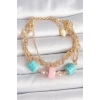 Pirinç Gold Renk Çoklu Zincir Model Mavi Taş Figürlü Kadın Bileklik