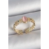 Pirinç Gold Renk Zirkon Taş Detaylı Pembe Mineli Damla Model Ayarlanabilir Kadın Yüzük