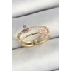 Pirinç Kalp Ve Çiçek Figürlü Zirkon Taşlı Gold Renk Ayarlanabilir Kadın Yüzük
