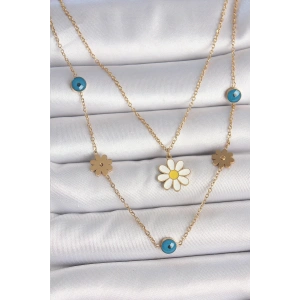 316L Çelik Gold Renk 2Li Zincir Model Papatya Figür Nazar Boncuk Detay Kadın Kolye
