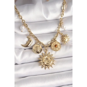 316L Çelik Gold Renk Ay Güneş Model İnci Detay Kadın Kadın Kolye