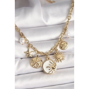 316L Çelik Gold Renk Beyaz Mineli Gün Batımı Figür Yıldız Güneş Detay Kadın Kolye