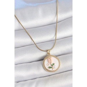 316L Çelik Gold Renk Beyaz Mineli İncili Çiçek İşlemeli Portre Model Kadın Kolye
