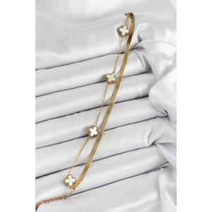 316L Çelik Gold Renk Beyaz Yoncalı 2li Kadın Bileklik