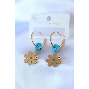 316L Çelik Gold Renk Çiçek Model Nazar Boncuk Detay Kadın Küpe