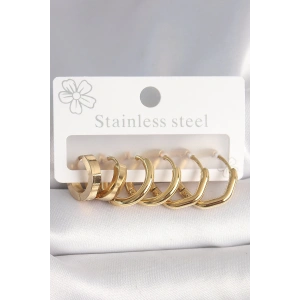 316L Çelik Gold Renk Geometrik Halka Model Kadın Küpe Seti