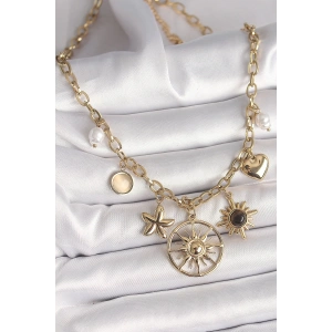 316L Çelik Gold Renk Güneş Model Siyah Mineli Güneş Detay Kadın Kolye