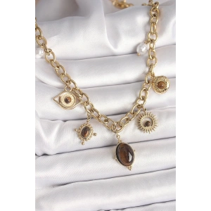 316L Çelik Gold Renk Kaplan Göz Taşlı Göz Figür Kadın Kolye