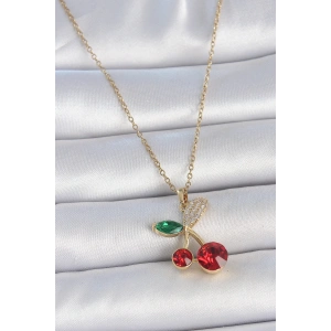 316L Çelik Gold Renk Kırmızı Zirkon Taşlı Kiraz Model Kadın Kolye