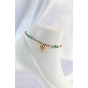 316L Çelik Gold Renk Mavi Taş Detay Kalpli Halhal