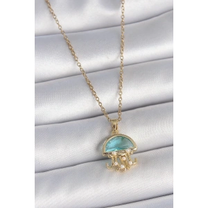 316L Çelik Gold Renk Mavi Taşlı Deniz Anası Model İnci Detay Kadın Kolye