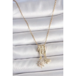 316L Çelik Gold Renk Sallantı Zirkon Taşlı Çiçek Kelebek Figür Charm Kadın Kolye