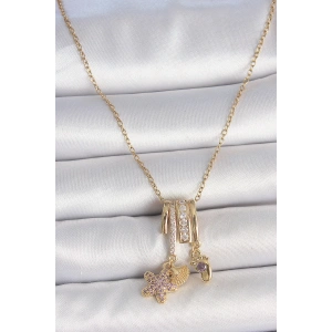 316L Çelik Gold Renk Sallantı Zirkon Taşlı Mor Taşlı Ayıcık Figür Charm Kadın Kolye