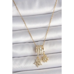 316L Çelik Gold Renk Sallantı Zirkon Taşlı Yıldız Güneş Figür Charm Kadın Kolye