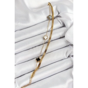 316L Çelik Gold Renk Siyah ve Beyaz Yoncalı İtalyan Zincirli 2li Kadın Bileklik