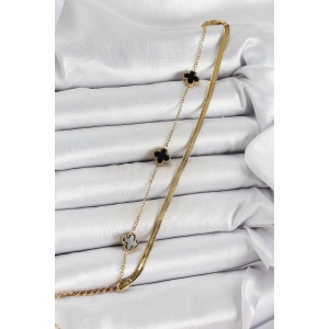 316L Çelik Gold Renk Siyah Yoncalı İtalyan Zincirli 2li Kadın Bileklik