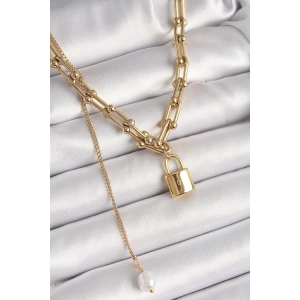 316L Çelik Gold Renk Tiffany Zincir Model Kilit Figür Sallantı İnci Detay Kadın Kolye