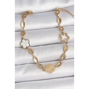 316L Çelik Gold Renk Yonca Model İşleme Detaylı Kadın Bileklik