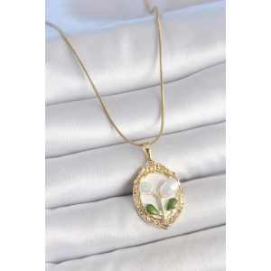 316L Çelik Gold Renk Zincir Beyaz Mineli İncili Çiçek İşlemeli Portre Model Kadın Kolye