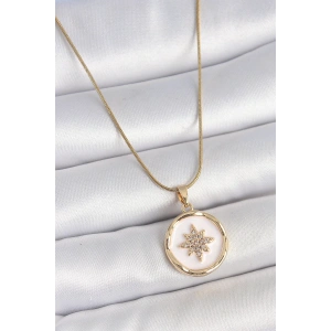 316L Çelik Gold Renk Zincir Beyaz Mineli Zirkon Taşlı Kuzey Yıldız İşlemeli Madalyon Model Kadın Kolye