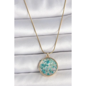 316L Çelik Gold Renk Zincir Daire Epoksi Mavi Çiçek Yaprak Model Kadın Kolye