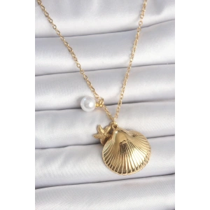 316L Çelik Gold Renk Zincir Deniz Kabuğu Figür İnci Detay Kadın Kolye