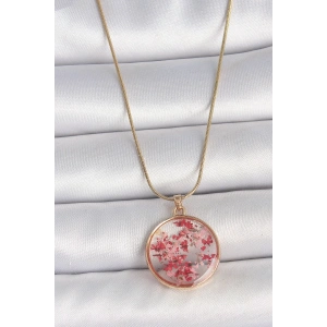 316L Çelik Gold Renk Zincir Epoksi Doğal Çiçek Model Kadın Kolye