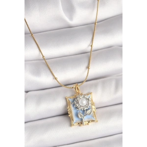 316L Çelik Gold Renk Zincir Gümüş İncili Gül Mavi Portre Model Kadın Kolye