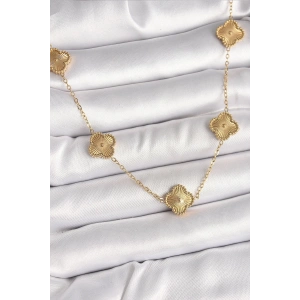 316L Çelik Gold Renk Zincir İşlemeli Yonca Model Kadın Kolye