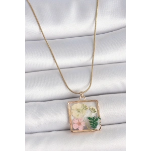 316L Çelik Gold Renk Zincir Kare Epoksi Çiçek Model Kadın Kolye