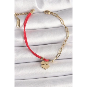 316L Çelik Gold Renk Zincir Kırmızı İp Model Sallantı Yonca Figür Kadın Bileklik