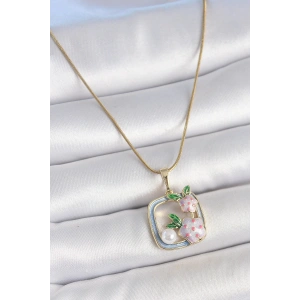 316L Çelik Gold Renk Zincir Mavi Mineli Kare Model Çiçek İşlemeli İnci Detay Kadın Kolye