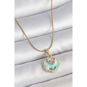 316L Çelik Gold Renk Zincir Mavi Minimal Çiçek İşlemeli İnci Detay Portre Model Kadın Kolye