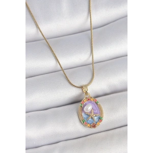 316L Çelik Gold Renk Zincir Mix Renk Deniz Yıldız İşlemeli Renki Çiçek Detay Portre Model Kadın Kolye