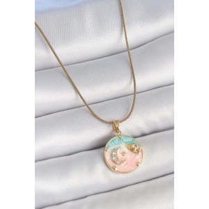 316L Çelik Gold Renk Zincir Mix Renk Mineli Zirkon Taşlı Gezegen İşlemeli Yıldız Detay Madalyon Model Kadın Kolye