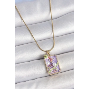 316L Çelik Gold Renk Zincir Mor Mineli İncili Çiçek İşlemeli Portre Model Kadın Kolye