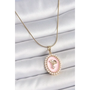 316L Çelik Gold Renk Zincir Pembe Mineli İncli Zirkon Taşlı Çiçek İşlemeli Portre Model Kadın Kolye