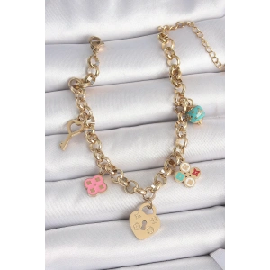 316L Çelik Gold Renk Zincir Sallantı Kilit Kalp Figür Anahtar Model Kadın Bileklik