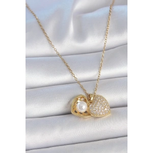 316L Çelik Gold Renk Zincir Zirkon Taşlı Açılır İncili Kalp Model Kadın Kolye
