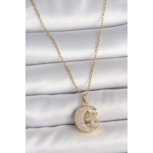 316L Çelik Gold Renk Zincir Zirkon Taşlı Ay Yıldız Model Kadın Kolye