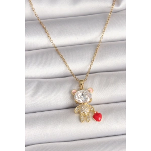 316L Çelik Gold Renk Zincir Zirkon Taşlı Ayıcık Model Kırmızı Kalp Detay Kadın Kolye
