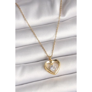 316L Çelik Gold Renk Zincir Zirkon Taşlı Kalp Model Kadın Kolye