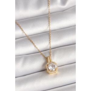 316L Çelik Gold Renk Zincir Zirkon Taşlı Kare Model Kadın Kolye