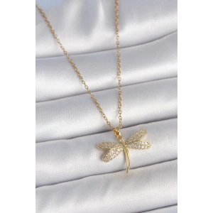 316L Çelik Gold Renk Zincir Zirkon Taşlı Yusufçuk Model Kadın Kolye