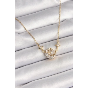 316L Çelik Gold Renk Zirkon Taşlı Hilal Kalp Model Kadın Kolye