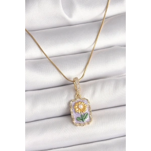 316L Çelik Gold Renk Zirkon Taşlı Mor Papatya İşlemeli Portre Model Kadın Kolye