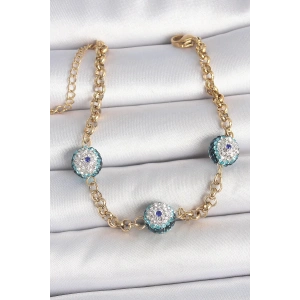 316L Çelik Gold Renk Zirkon Taşlı Nazar Boncuk Model Kadı Bileklik