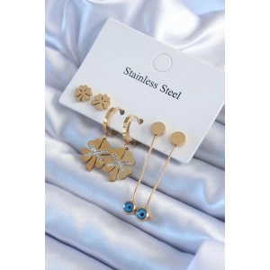 316L Çelik Gold Renk Zirkon Taşlı Yonca Model Kadın Küpe Seti