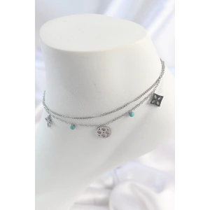 316L Çelik Gümüş Renk 2Li Zincir Rüya Kapanı Figür Mavi Taş Detay Kadın Halhal