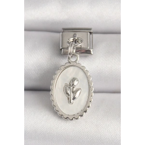 316L Çelik Gümüş Renk Beyaz Mineli Çiçek İşlemeli Nomination Charm